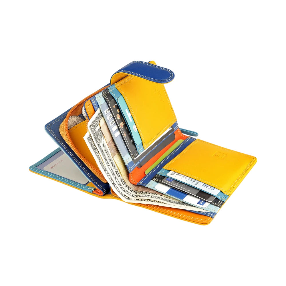 Yellow wallet with money and cards on a white background