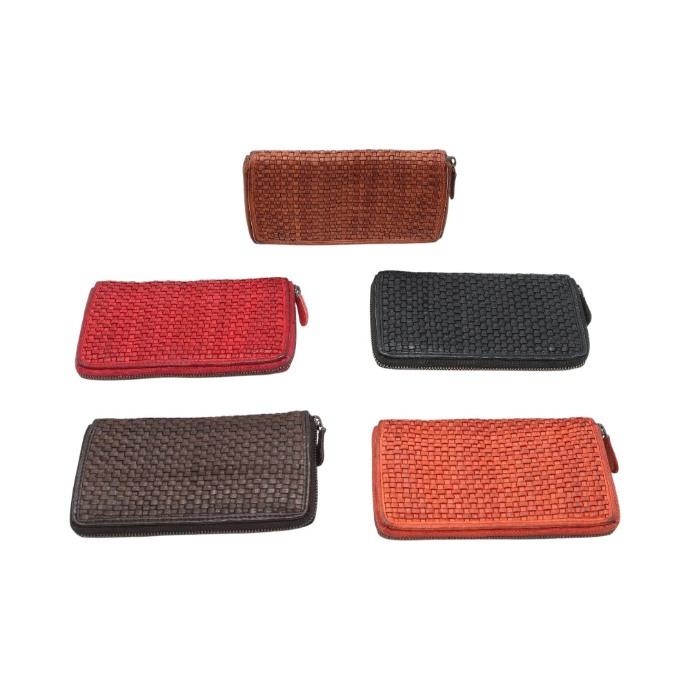 Five woven wallets in different colors on a white background