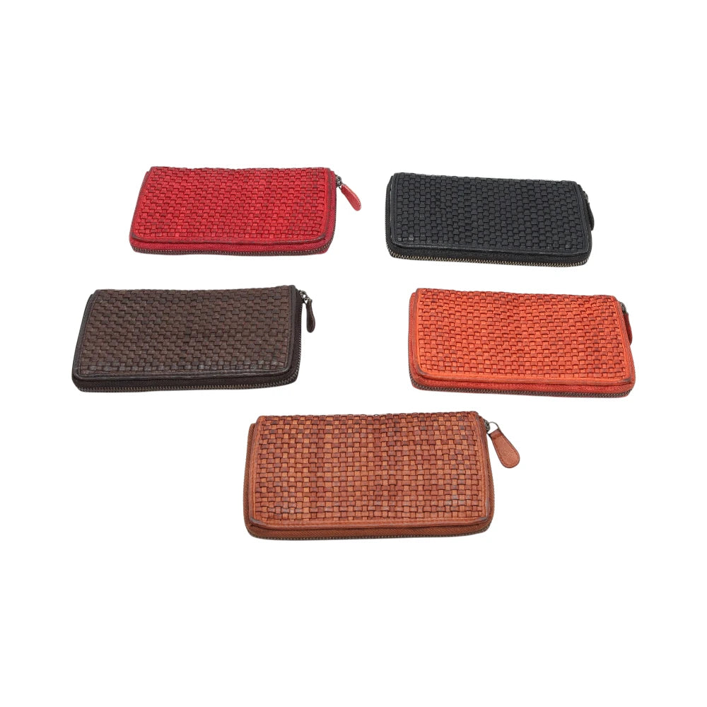 Set of five woven wallets in different colors on a white background
