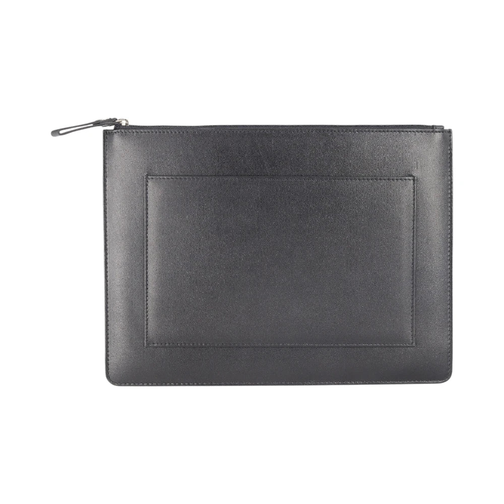 Front view of Black leather pouch with zipper on a white background