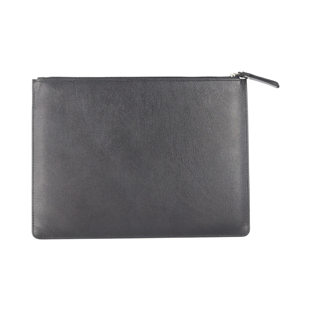 Back view of Black leather pouch with a zipper on a white background