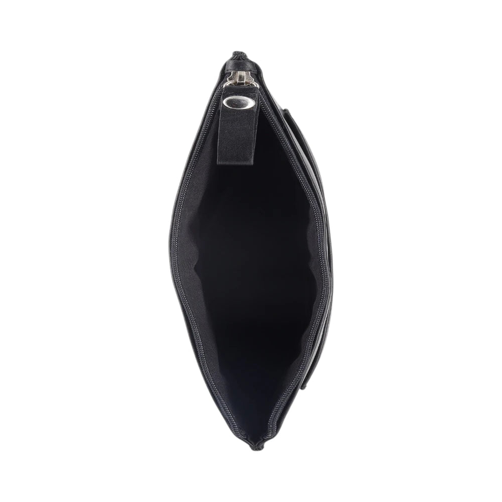 Front view of Black leather pouch with zipper on a white background