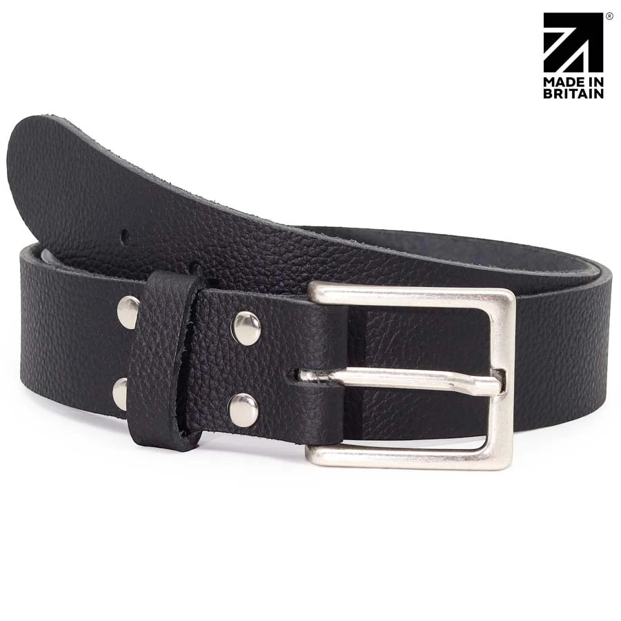 Black men's 35 mm full grain pebble leather belt made in britain with polished nickel pin buckle.