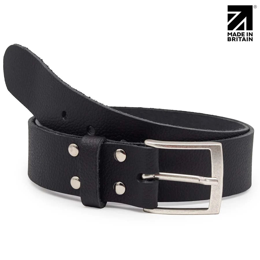 Black men's 40 mm full grain pebble leather belt made in Britain with polished nickel pin buckle