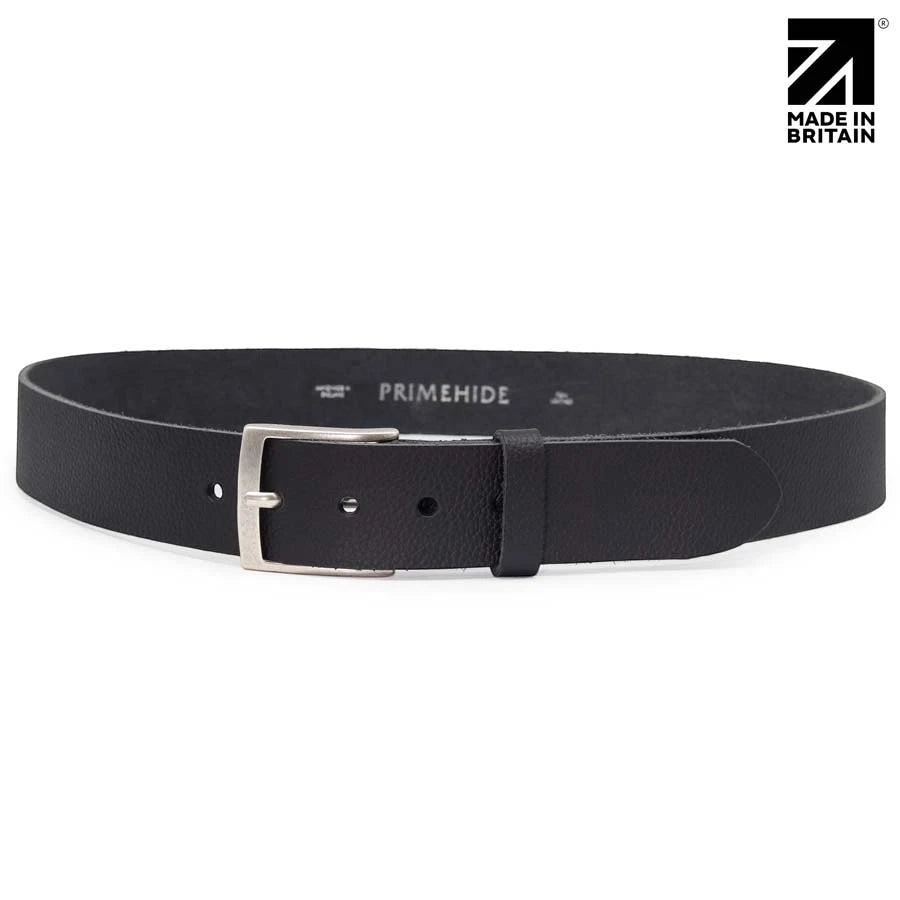 Black men's casual leather belt with textured pebble finish and polished nickel buckle