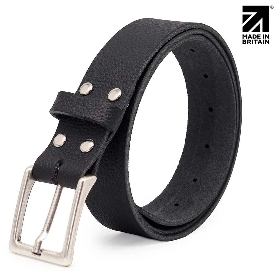 Black men's casual leather belt with textured pebble finish and polished nickel buckle.