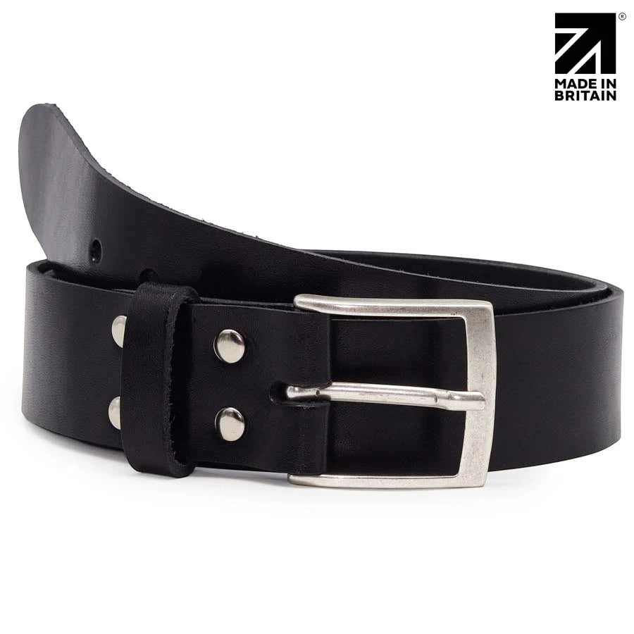 Black men's italian full grain leather belt made in Britain with polished nickel pin buckle