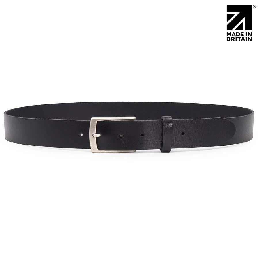 Black men's italian full grain leather belt made in Britain with polished nickel pin buckle.