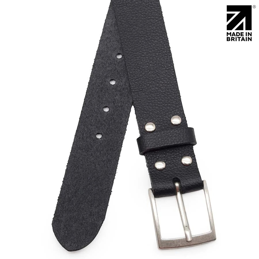 Black real leather belt with pebble grain finish, waxed edges and premium British craftsmanship