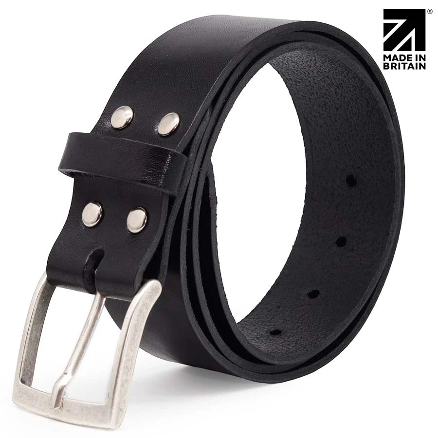 Black real leather belt with polished nickel buckle and premium handcrafted finish