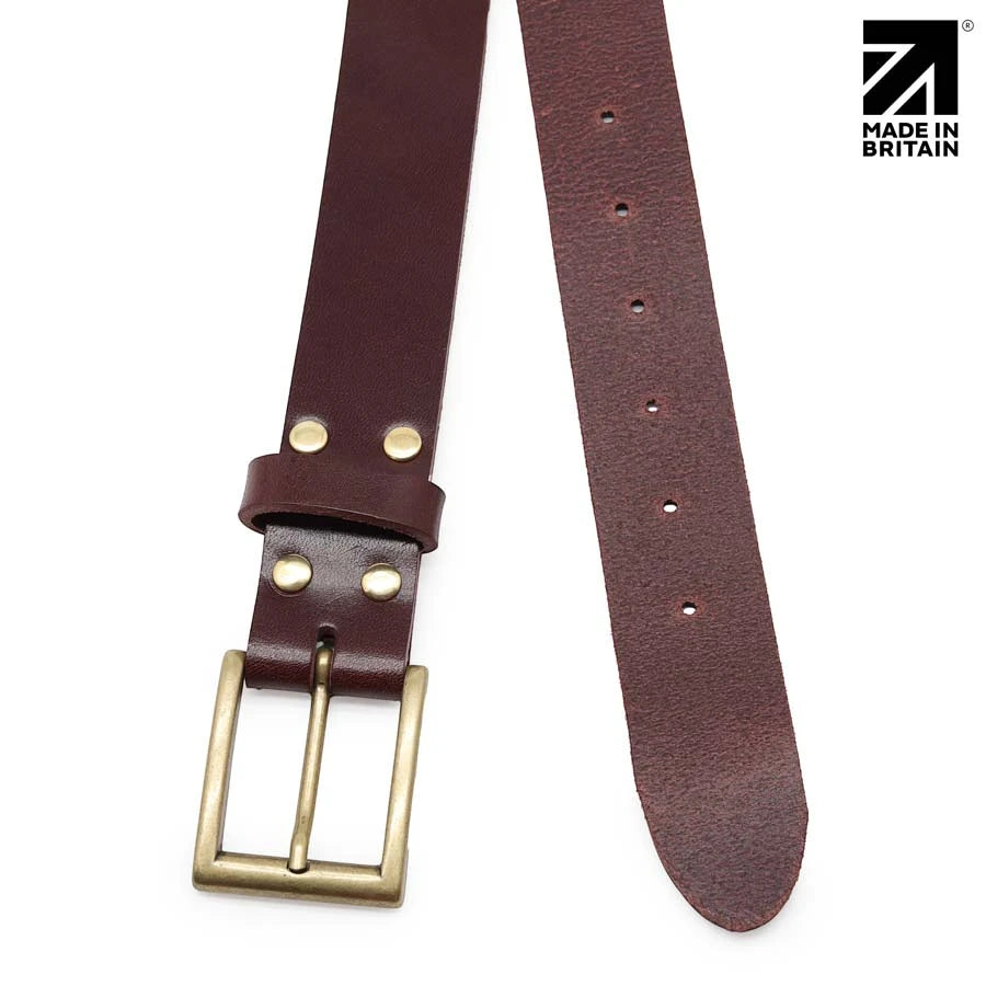 Brown 35 mm men's italian full grain leather belt with vintage-style antiqued brass buckle