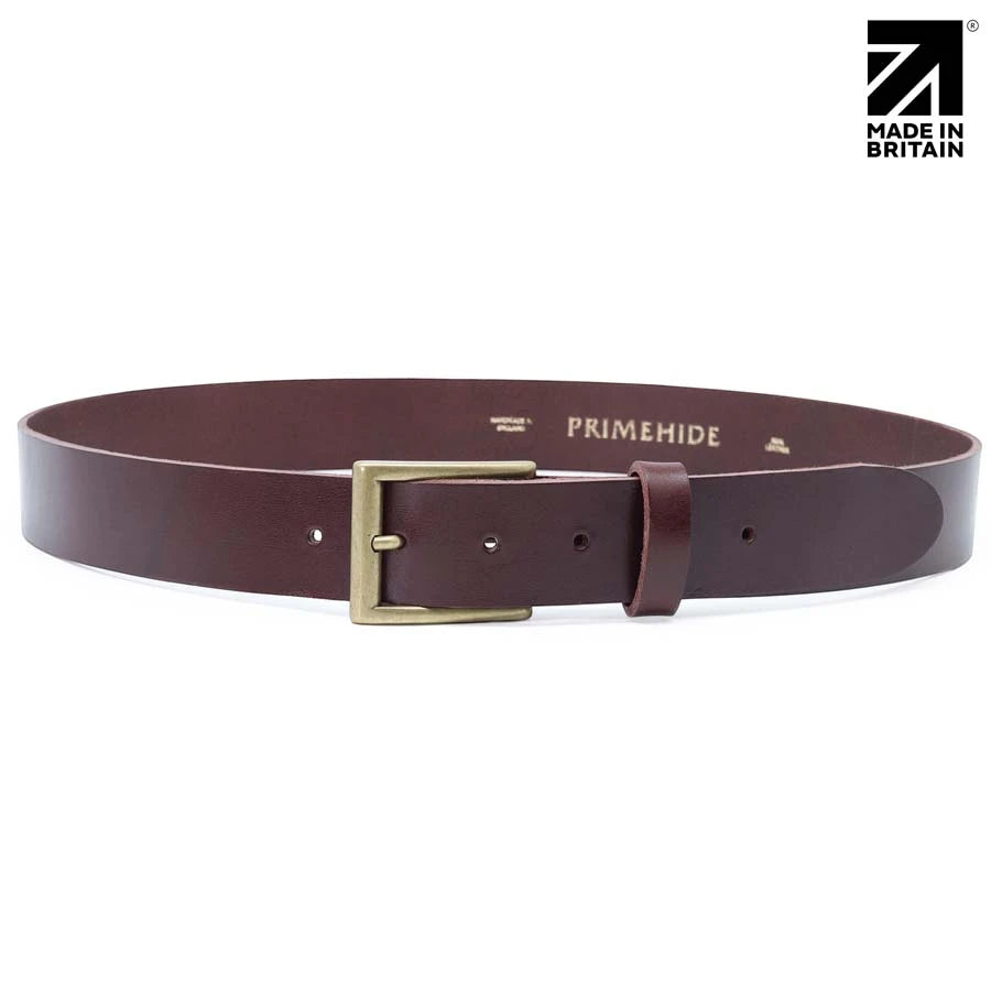 Brown men's leather belt with antiqued brass buckle, gloss finish and waxed edges