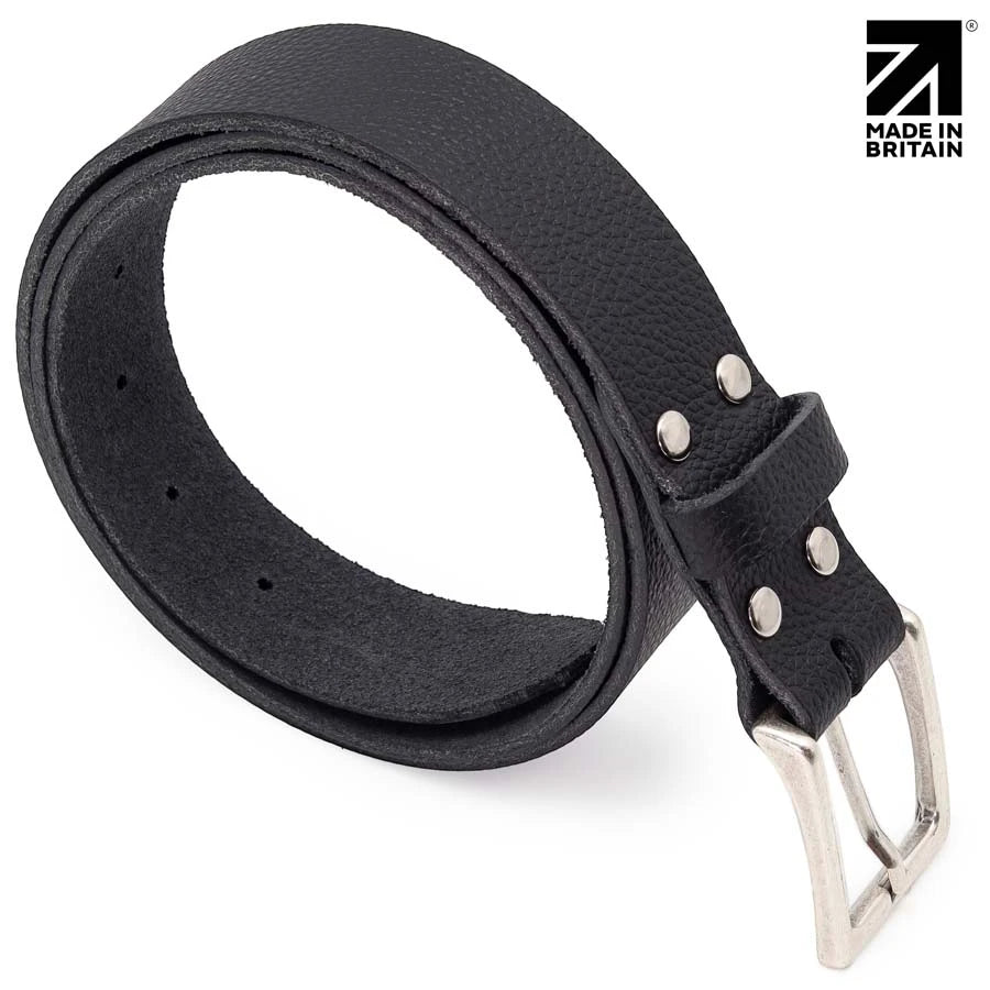 Made in britain black 35 mm full grain pebble leather belt for jeans and everyday casual wear.