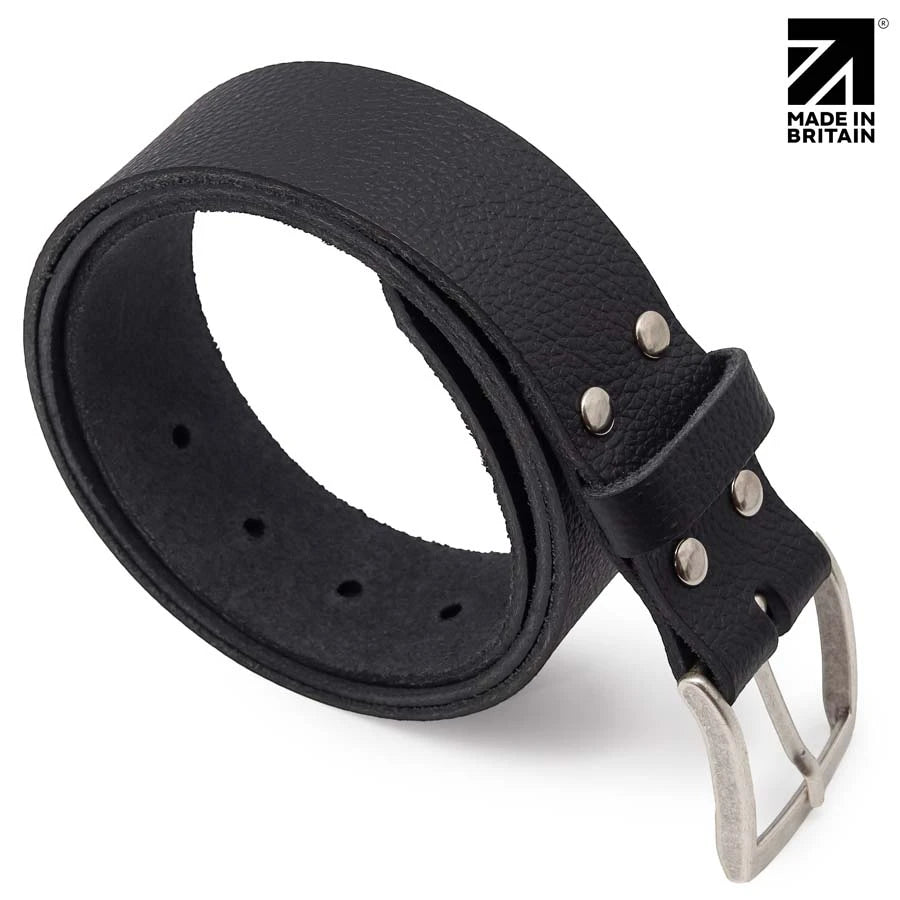 Made in Britain black full grain pebble leather belt for jeans and everyday casual wear