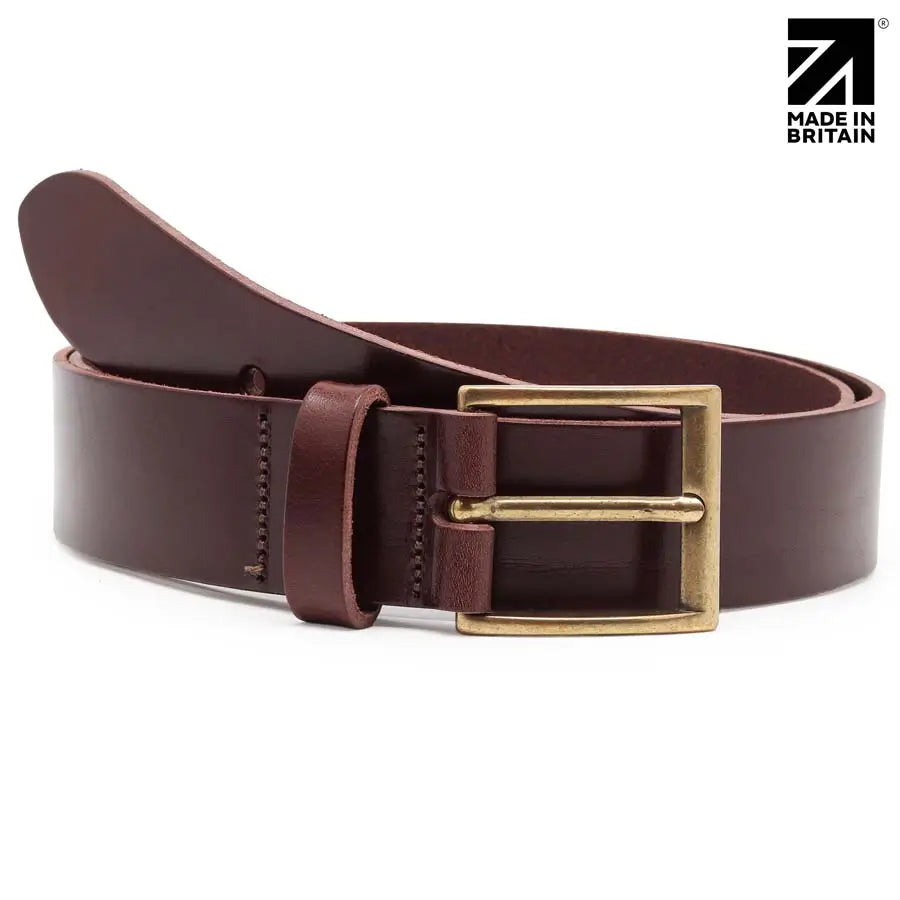 Mens Brown Italian Full Grain Leather Belt  40 mm  Brass Buckle  Brown front view