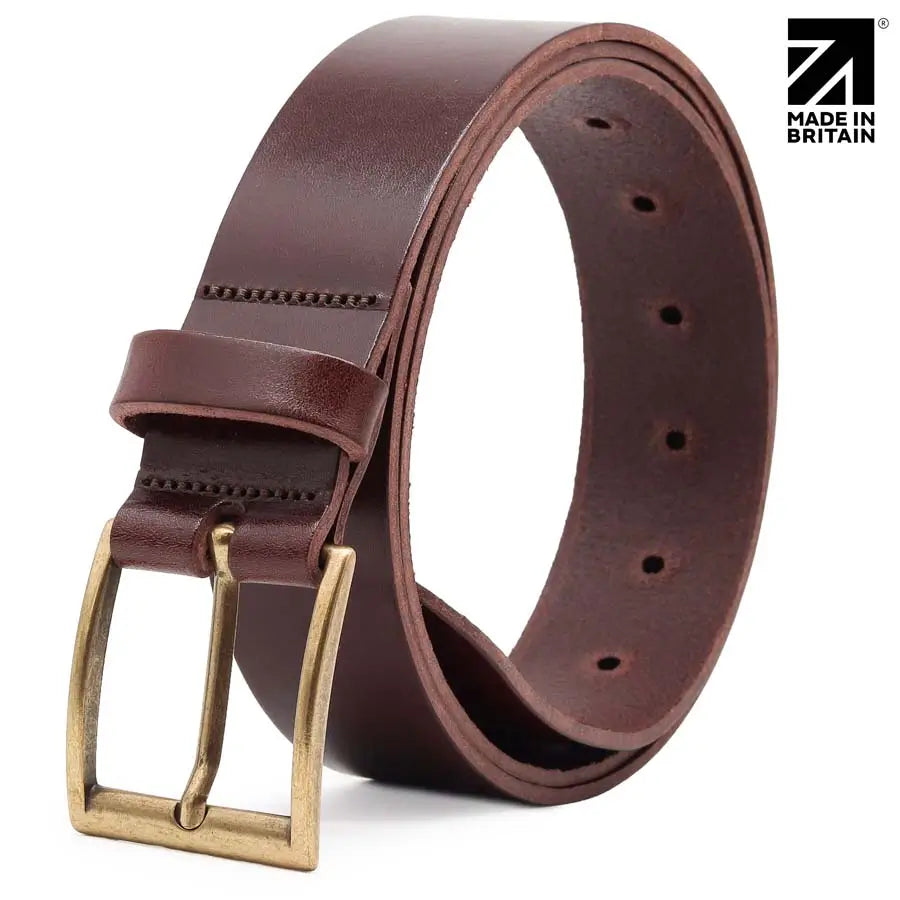 Mens Brown Italian Full Grain Leather Belt  40 mm  Brass Buckle  Brown side view