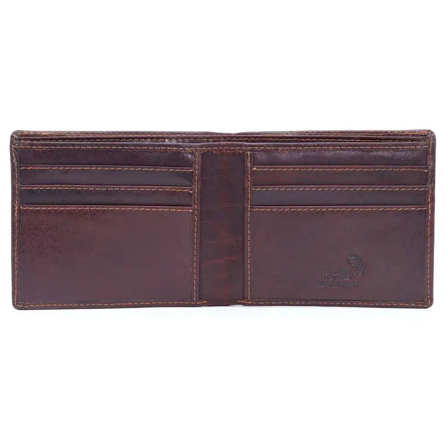 mens rfid leather bifold wallet brown inside view