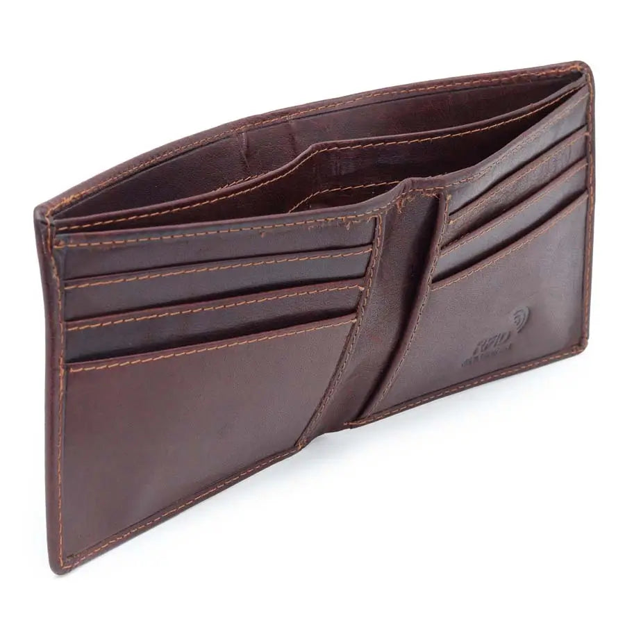 mens rfid leather bifold wallet brown open view