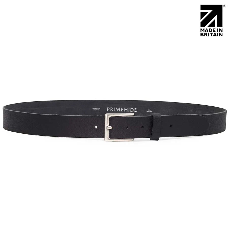 Premium black full grain pebble leather belt crafted from leather sourced from italy and england.