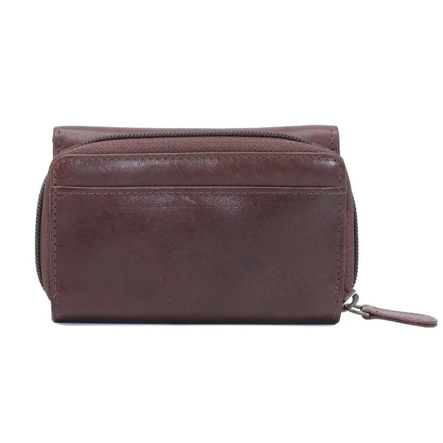 womens rfid veg tan leather trifold purse brown back view