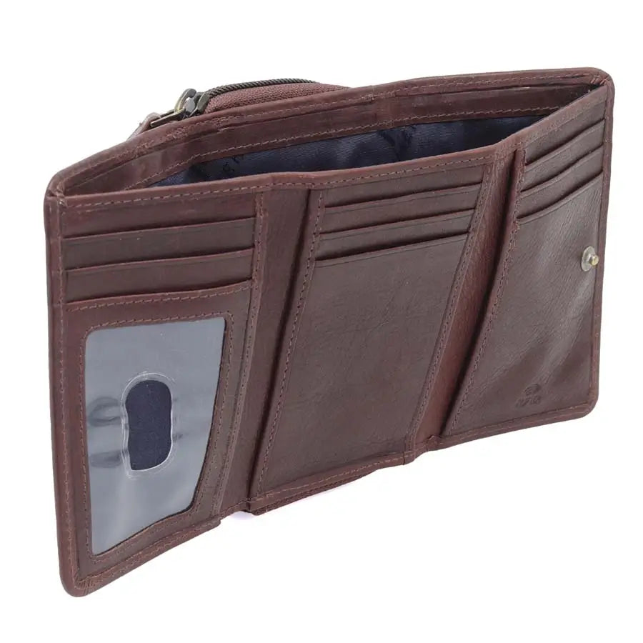 womens rfid veg tan leather trifold purse brown front detail view