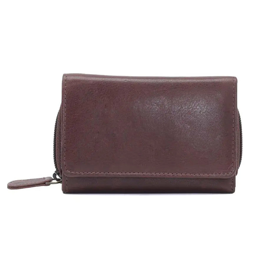 womens rfid veg tan leather trifold purse brown front view