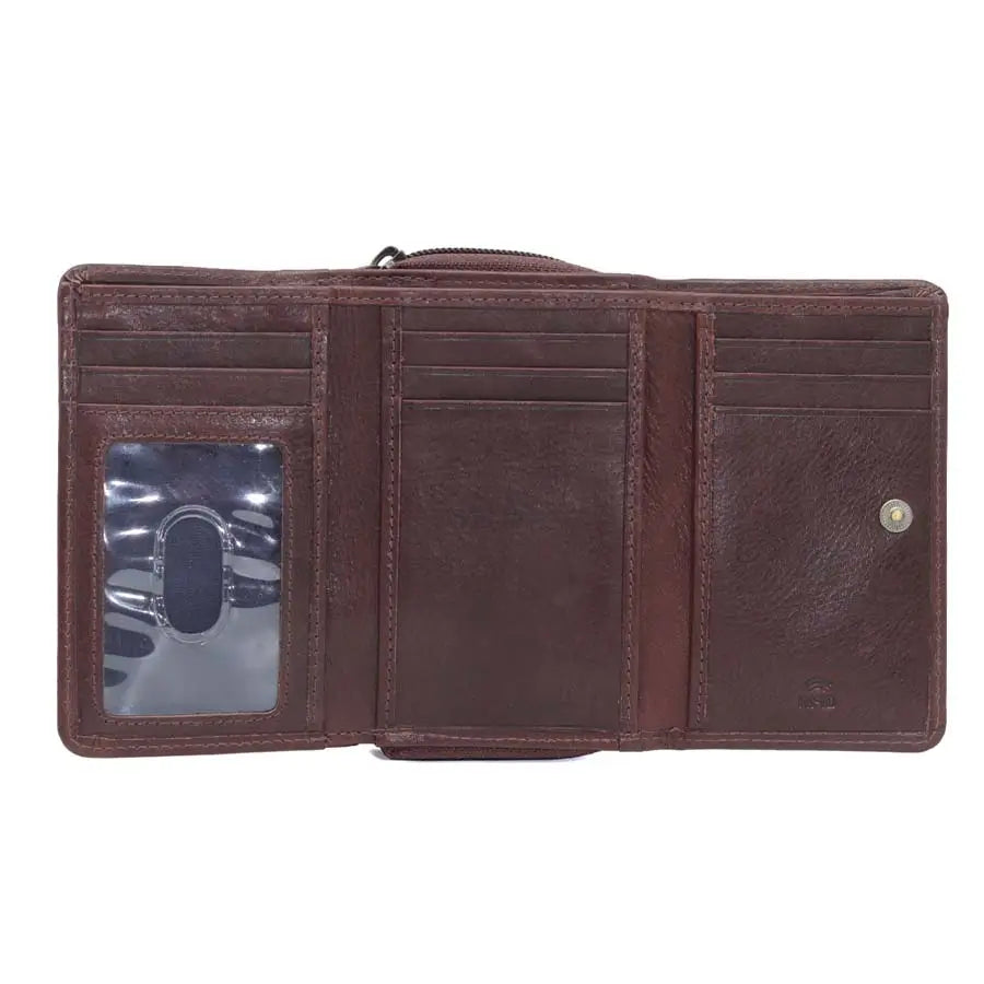 womens rfid veg tan leather trifold purse brown inside view