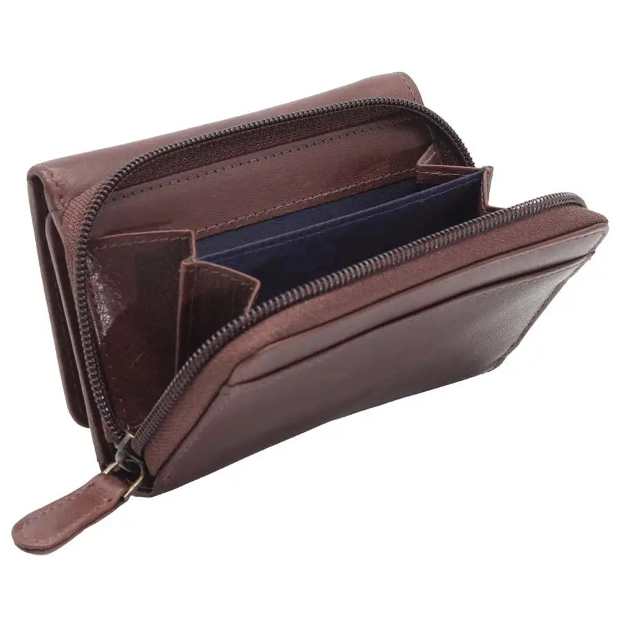 womens rfid veg tan leather trifold purse brown multi comaprtment view