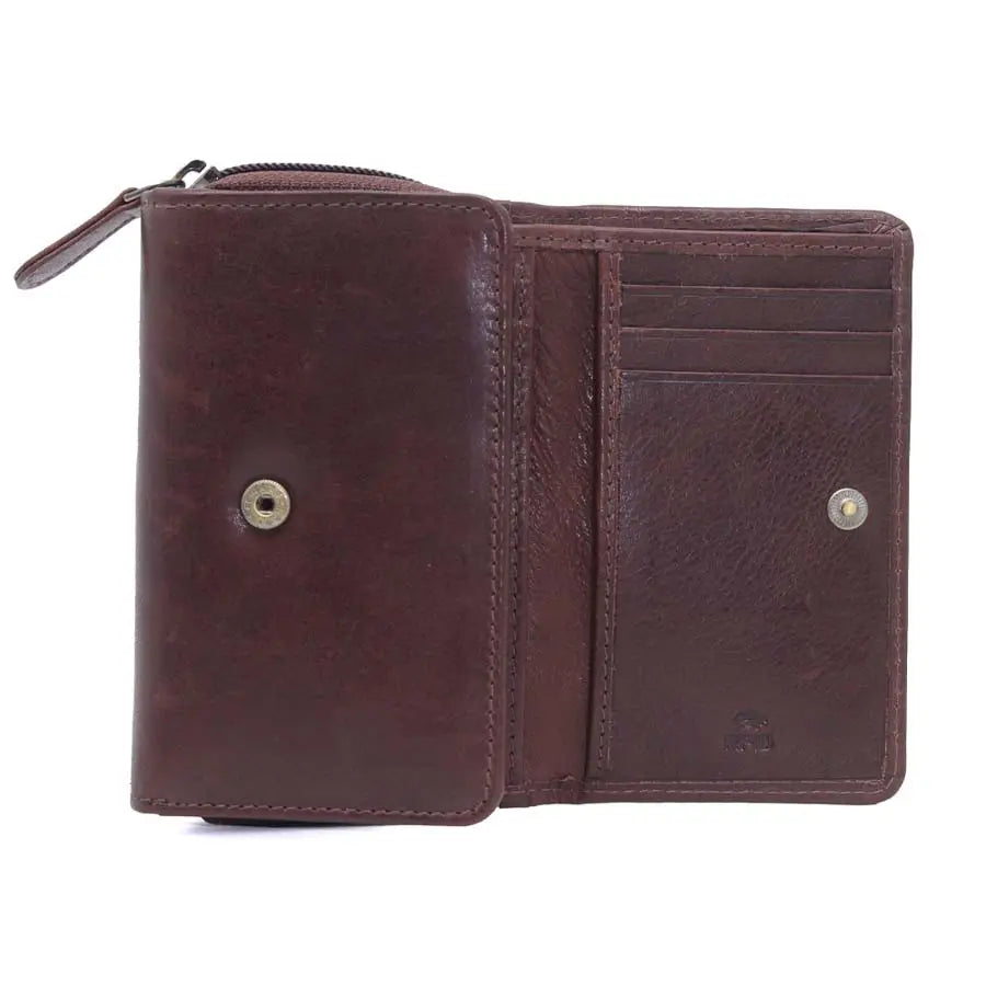 womens rfid veg tan leather trifold purse brown open view