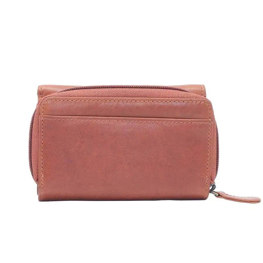 womens rfid veg tan leather trifold purse tan back view