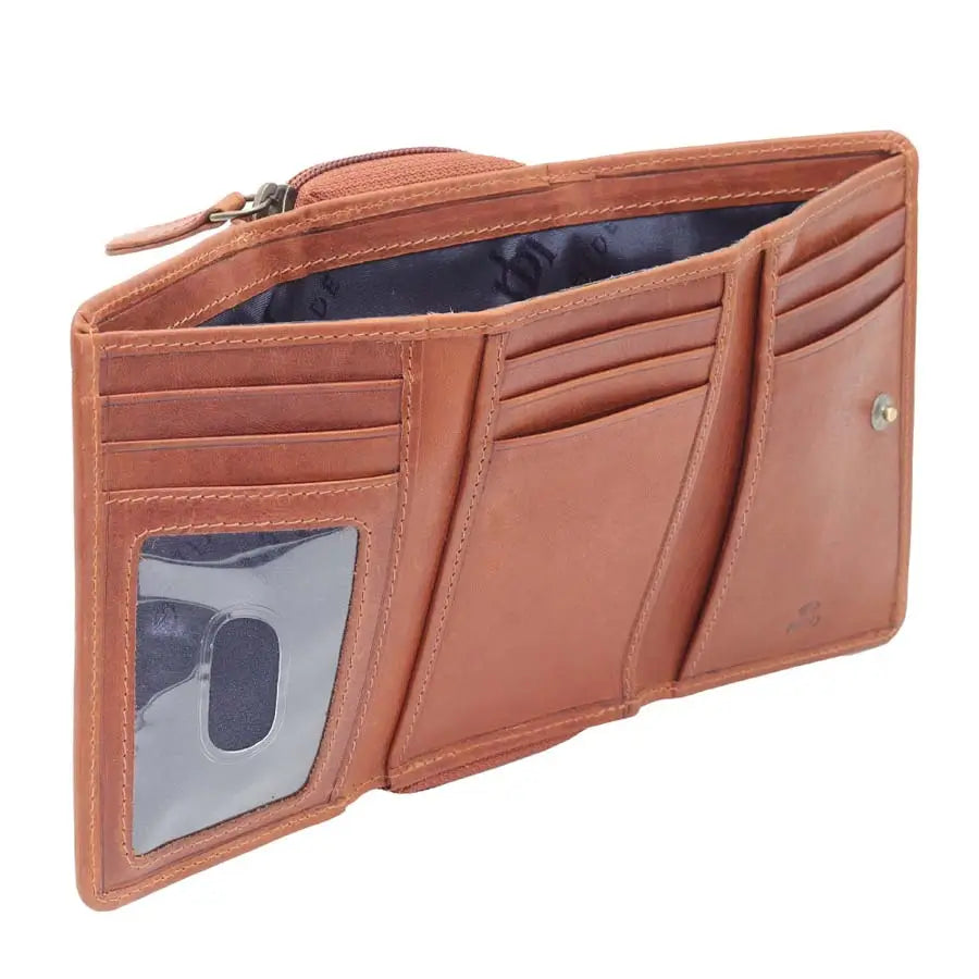 womens rfid veg tan leather trifold purse tan front detail view
