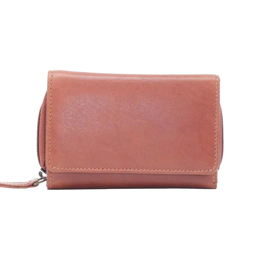 womens rfid veg tan leather trifold purse tan front view