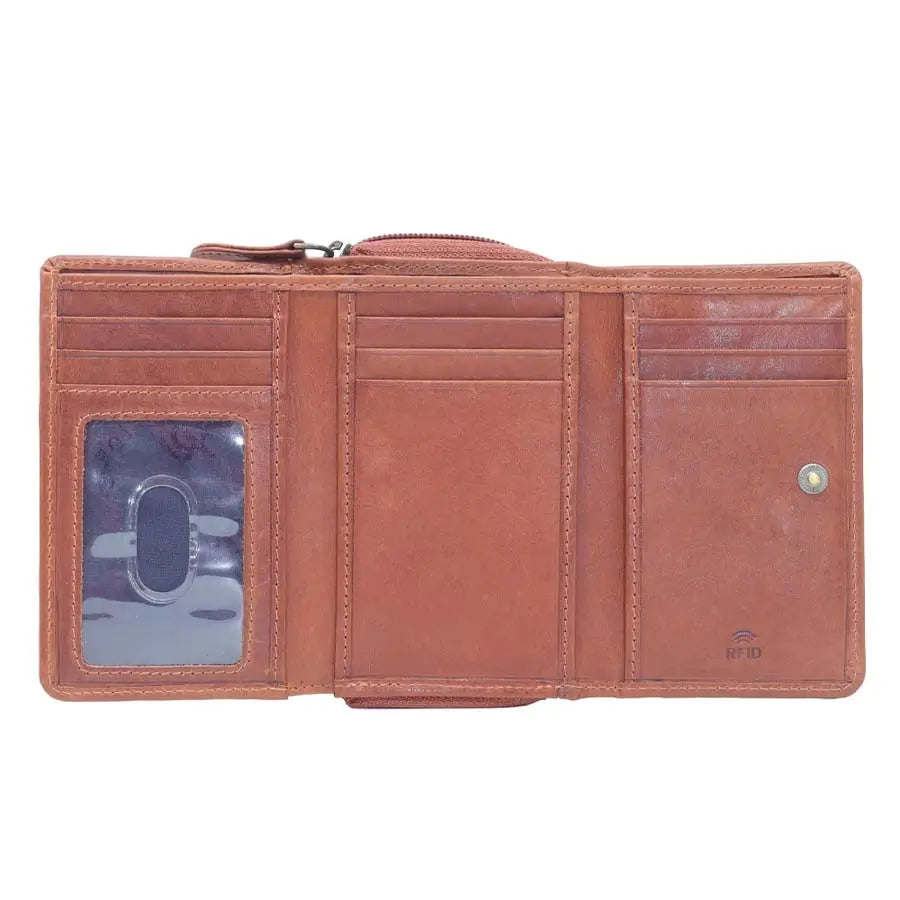 womens rfid veg tan leather trifold purse tan inside view