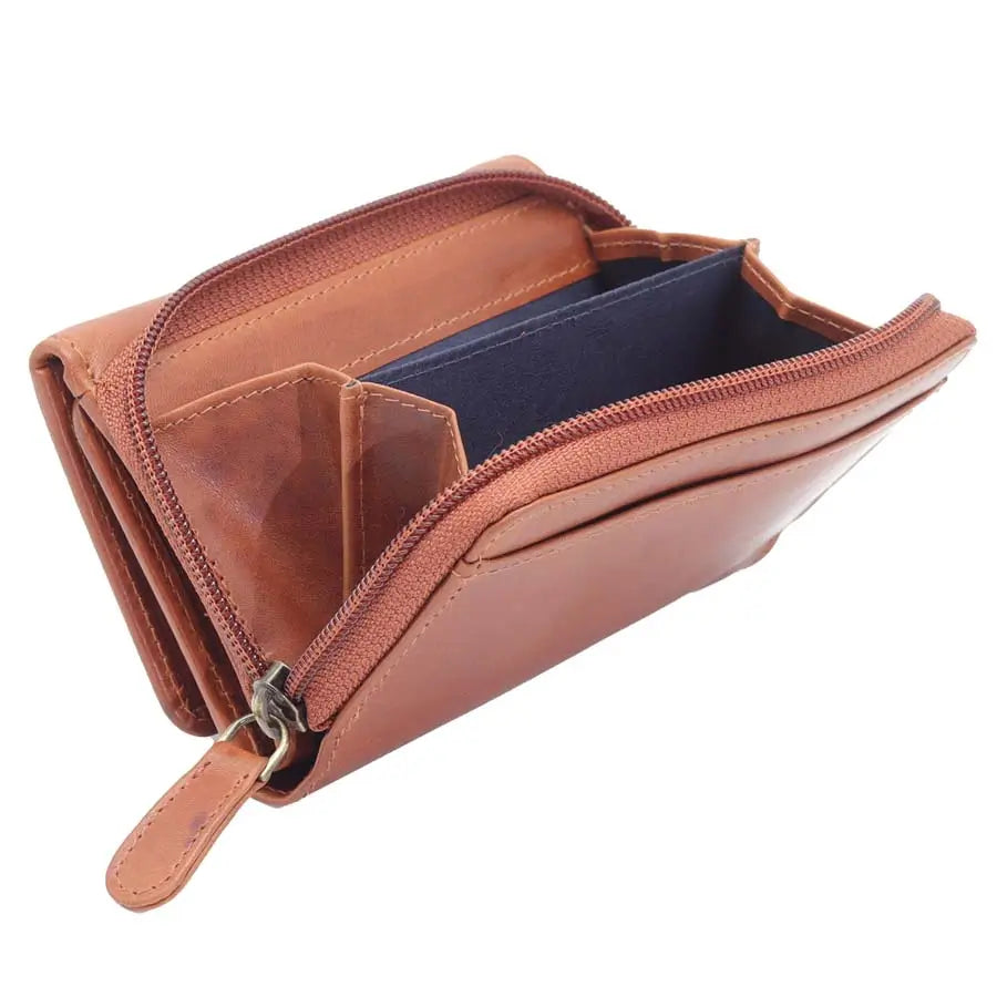 womens rfid veg tan leather trifold purse tan multi compartment view