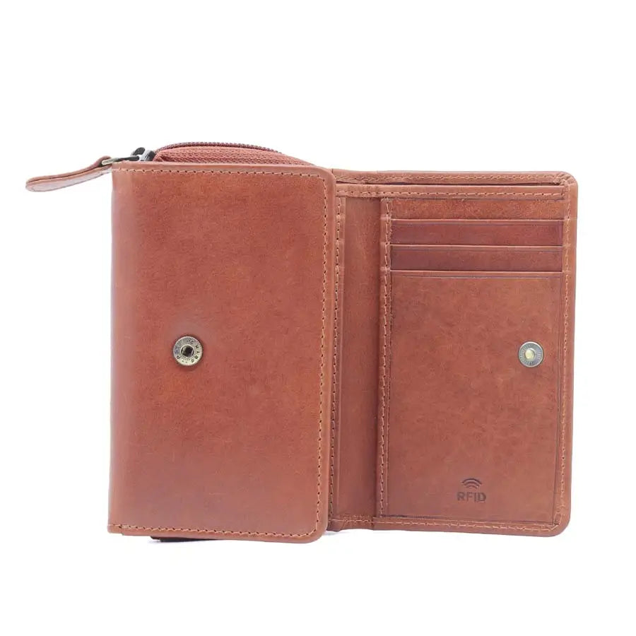 womens rfid veg tan leather trifold purse tan open view