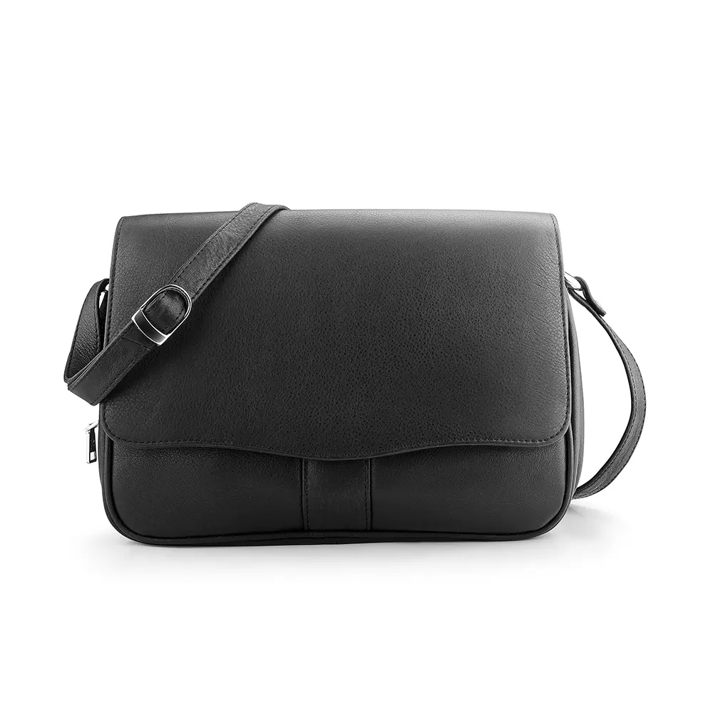 Front view of black leather organiser bag for women - Victoria 871. Soft leather with a magnetic half-flap closure.