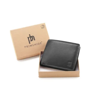 Luxury black trifold leather wallet for men in a Primehide branded box, highlighting RFID protection for secure storage.