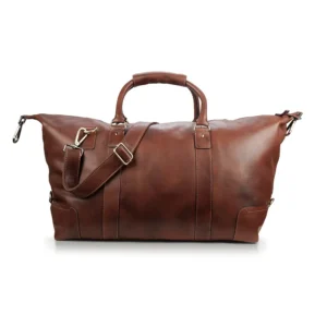 Front view of the Vintage Holdall Ridgeback 670 in rich brown genuine leather, showing sturdy top handles and an adjustable shoulder strap.