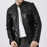 Front view of the men's racer leather jacket in brown, highlighting the high stand-up collar with press-stud fastening and tailored seams