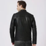 Back view of the racer-style men's leather jacket on a man, showcasing the streamlined silhouette and minimal seam details