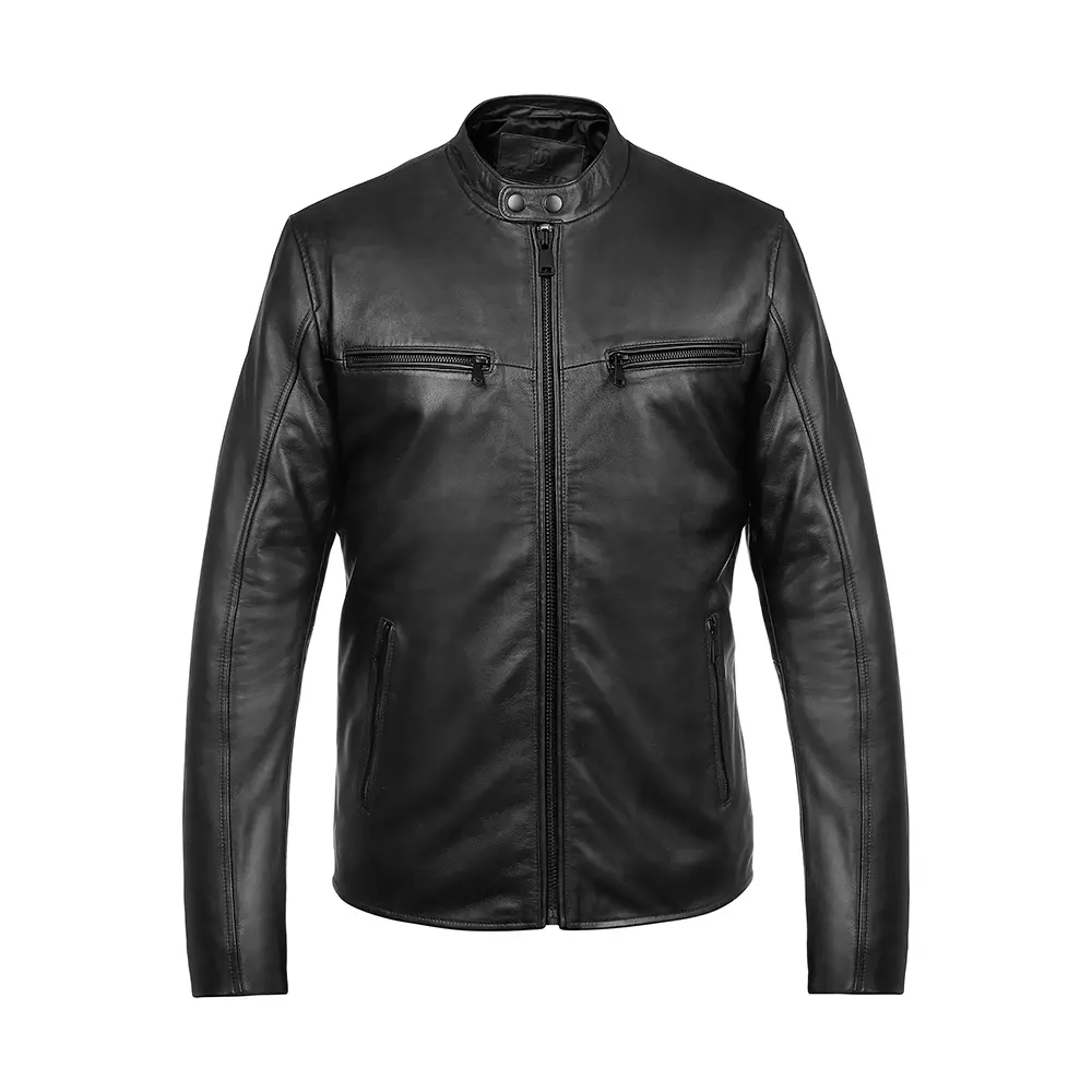 Front view of the men's leather jacket on a mannequin, highlighting its full-zip closure and functional zipped side pockets.