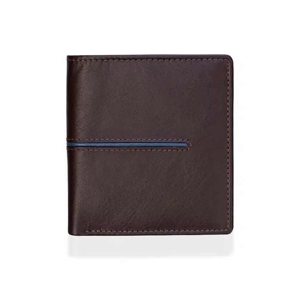 PRIMEHIDE TRADE, Brown Leather Trifold Wallet with Blue Stripe