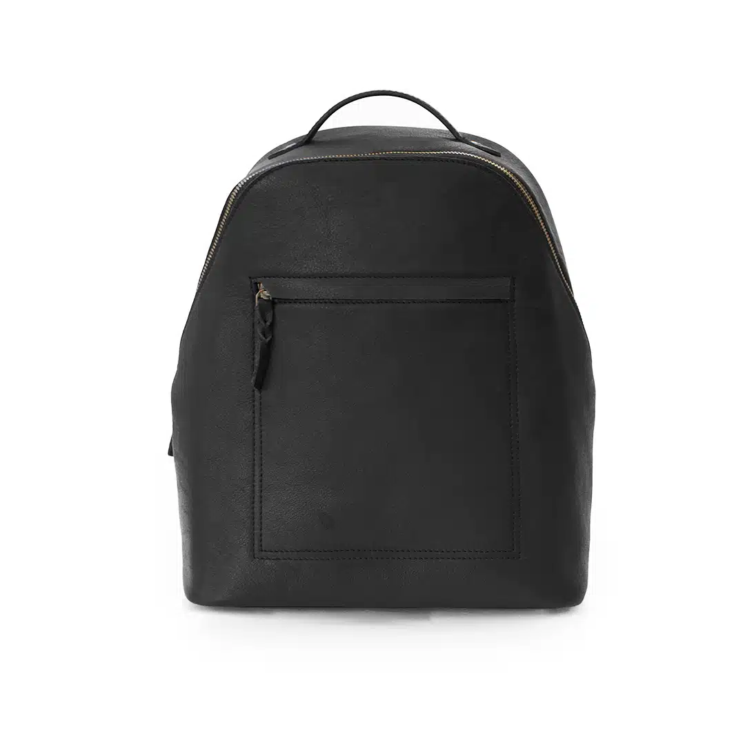 Black leather backpack with front zipped pocket