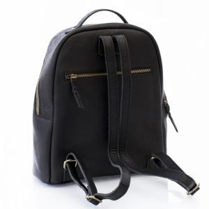 Black leather backpack. Back view, secret zipped pocket brass coloured.