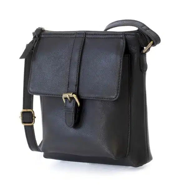 Black leather crossbody bag with front brass buckle