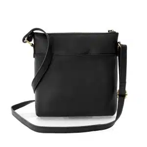 a black leather crossbody bag.