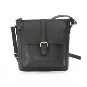 Crossbody bag black leather. Front buckled detail.