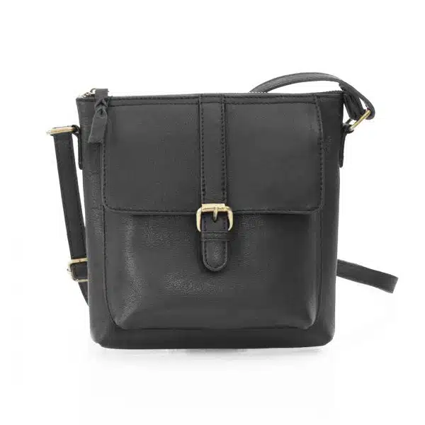 Crossbody bag black leather. Front buckled detail.