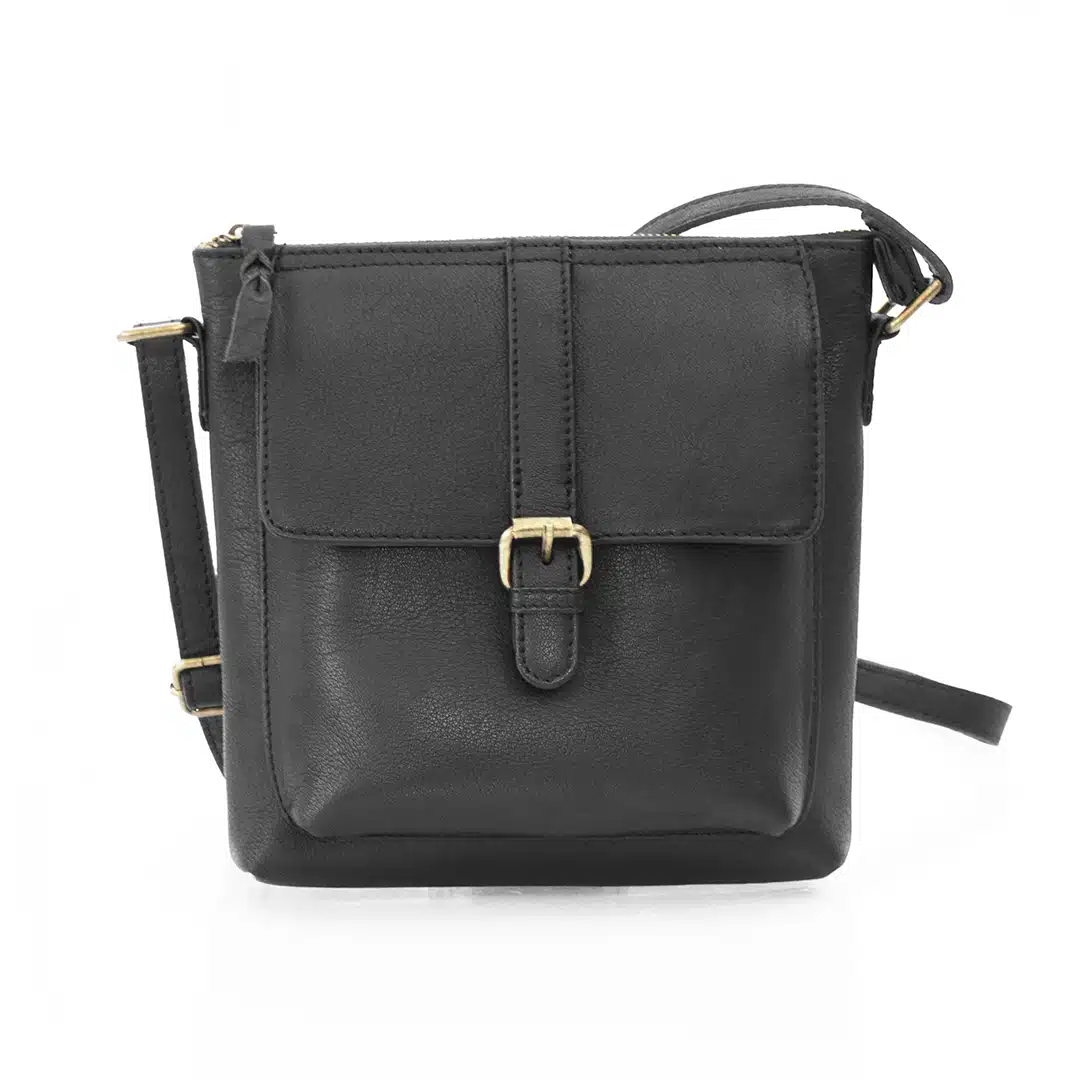 Crossbody bag black leather. Front buckled detail.