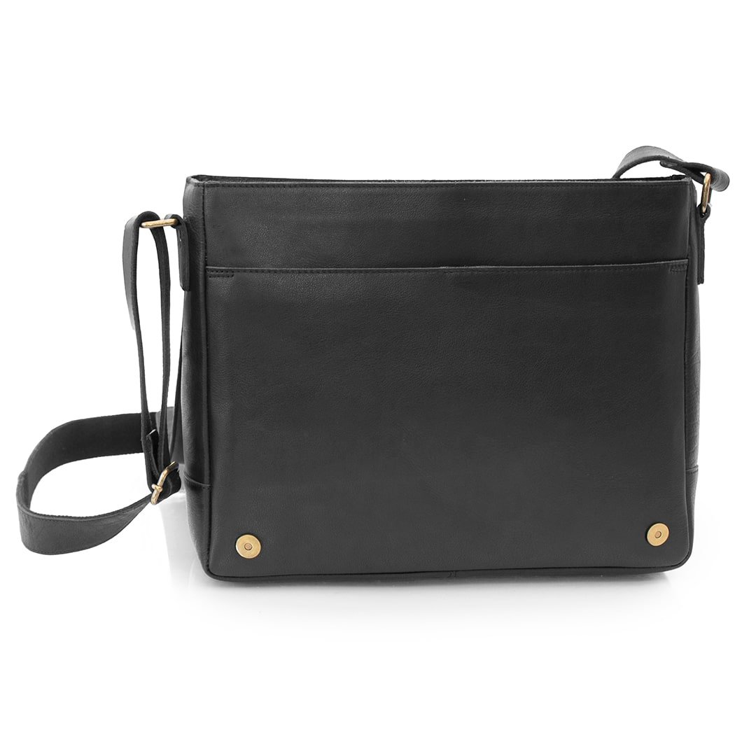 Messenger bag. Open to show front slip pocket. There are magnetic buttons to ensure secure closure.